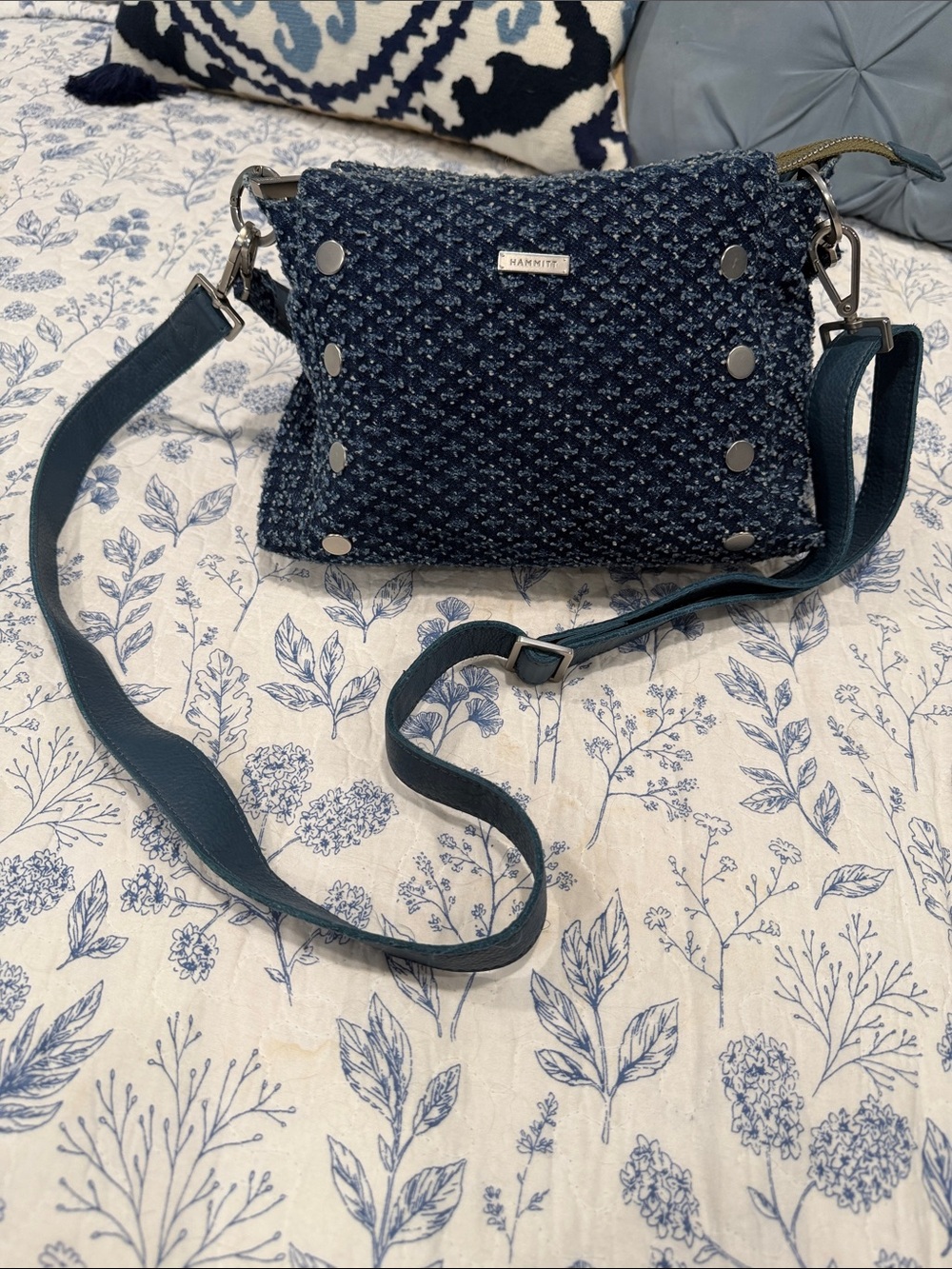 Hammitt Textured Navy Crossbody with Silver Studs